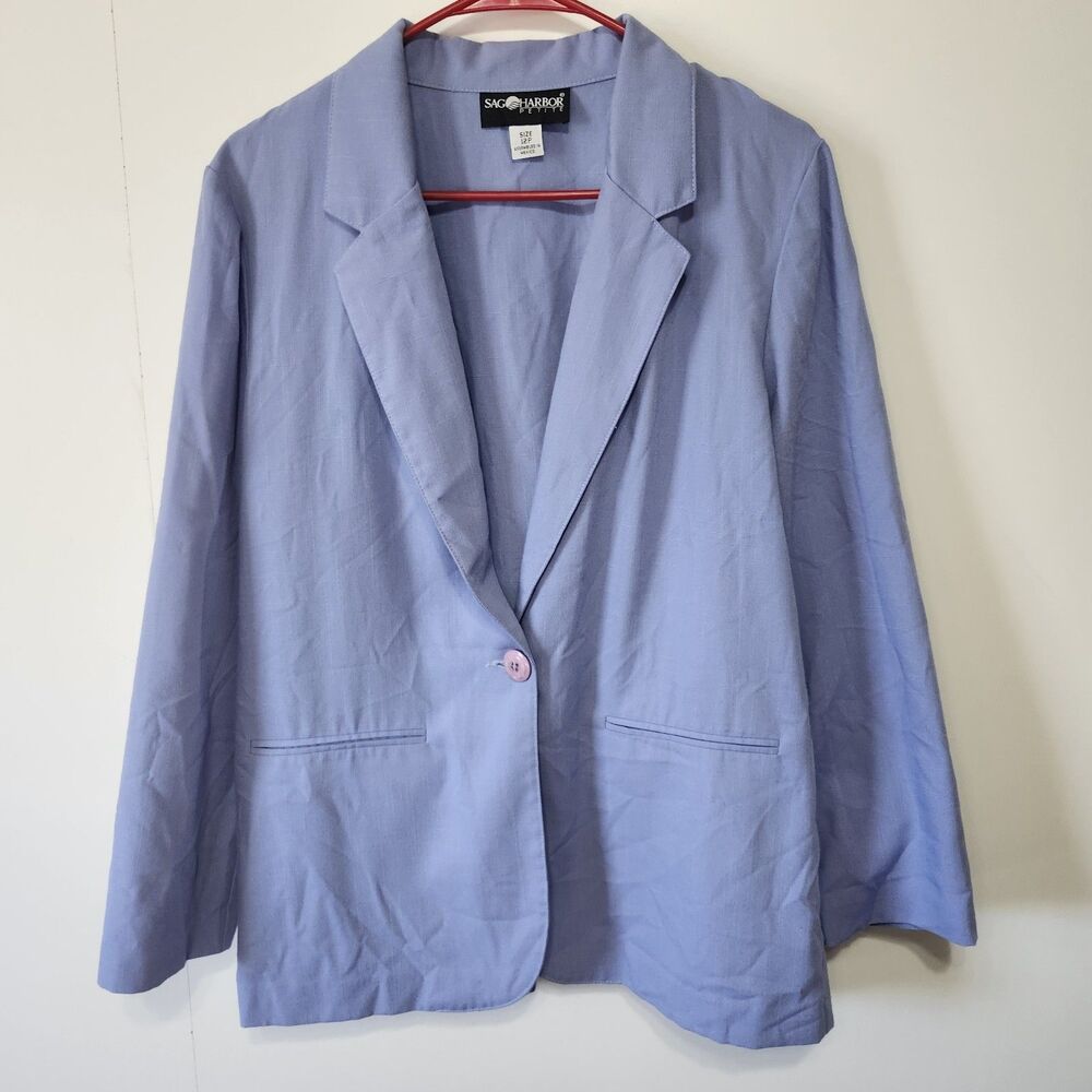 Vintage Sag Harbor Petite 12P Periwinkle Blue Blazer Single Button Career Jacket